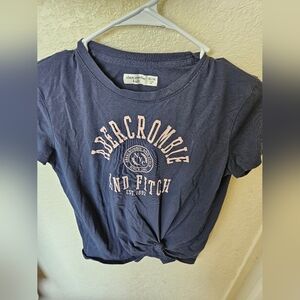 Abercrombie & Fitch Dark Blue Tee with Pink Logo Girls 13/14 Front Tie Shirt